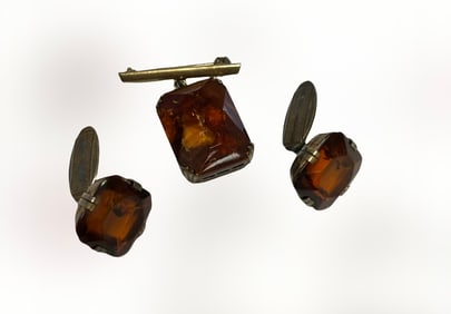 Vintage Amber Sterling Silver Pin and Cufflinks Set