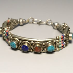 Vintage Oriental Silver Bracelet with Turquoise, Coral & Lapis
