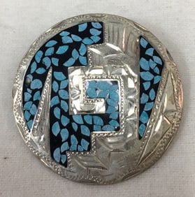 Native American Indian Multi-Stone Inlay Sterling Silver Brooch Pendant 1 7/8"