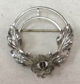 Vintage BEAU Sterling Silver Circle with Flower and Leaves Brooch Pin