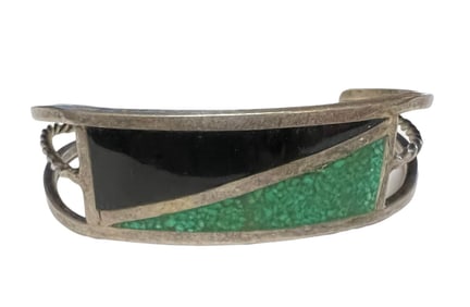 Black Onyx and Green Malachite Cuff Mexican Silver Bracelet 11 dwt