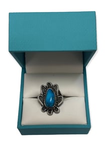 Blue Turquoise Stone Rope Framed Ladies Sterling Silver Ring Size 6