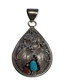 NATIVE AMERICAN STERLING TURQUOISE CORAL HANDMADE Vintage PENDANT