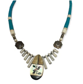 Vintage Ethnic Turquoise, Silver & Shell Beaded 23" Necklace