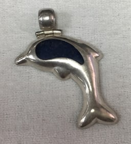 Vintage .950 Sterling Silver Blue Inlay Dolphin Pendant