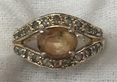 925 Sterling Silver Gold Tone Ring with Yellow Stone Made in China Size 6.75