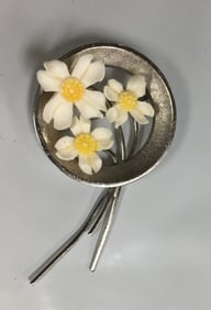 Beau Sterling Silver Circle with White Flowers Brooch Pin