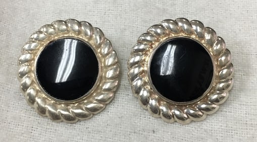 Vintage 925 Sterling Silver Onyx Stone Round Stud Earrings