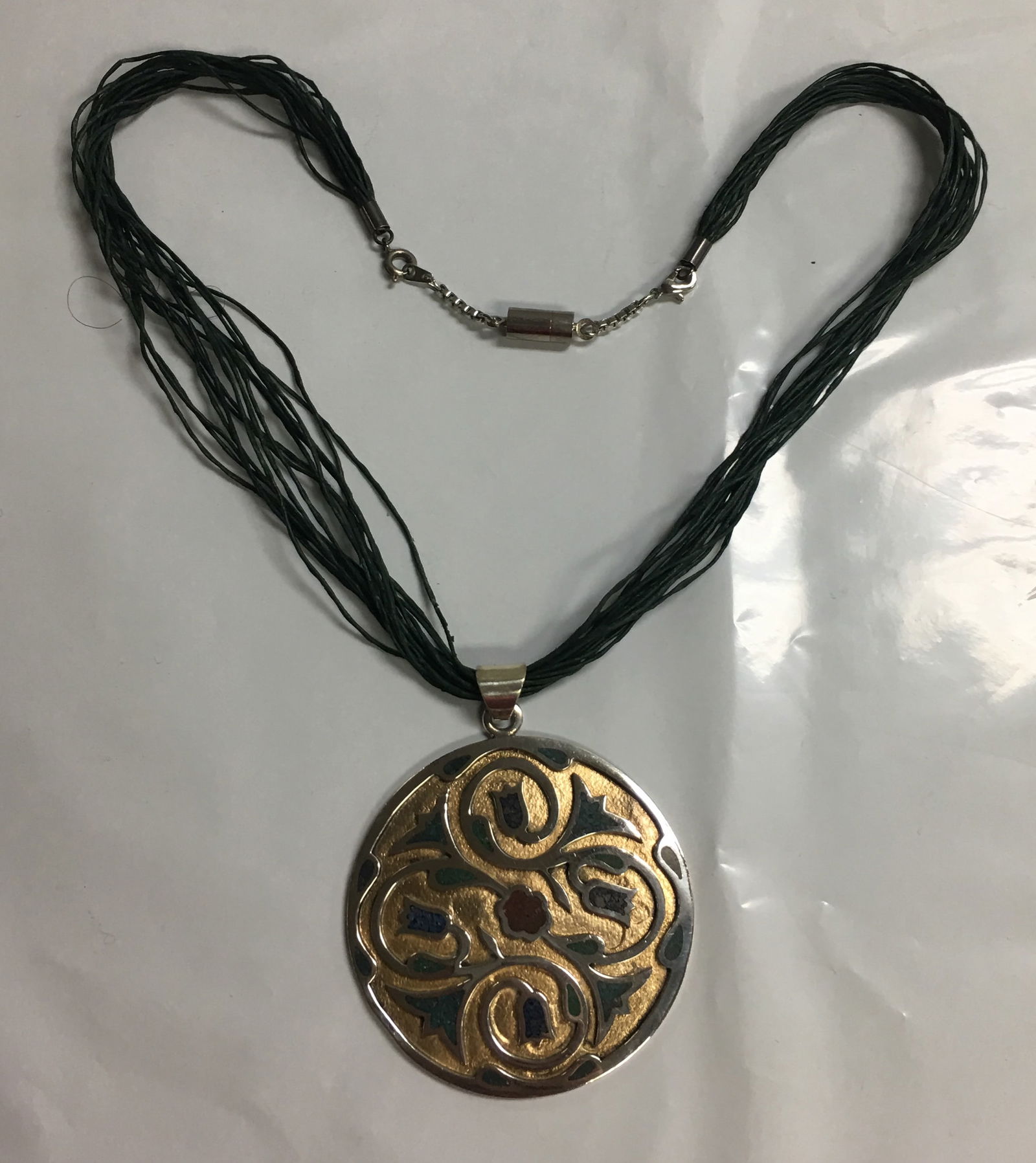 925 Sterling Silver Two Tone Turquoise Inlay Pendant w/Green Multi Strand Leather Necklace 19.5" (1 of 9)