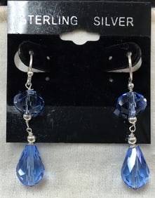 Elegant Sterling Silver and Dimond Cut Blue Sapphire Crystals Dangling Earrings 1 5/8"