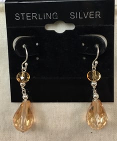 Elegant Sterling Silver and Dimond Cut Yellow Crystals Dangling Earrings 1 5/8"