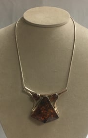 Vintage Sterling Silver Large Natural Baltic Amber Sliding Pendant Necklace 18"
