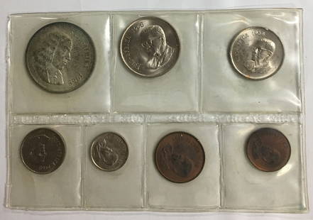 1968 South Africa Mint Set of 7 Coins South African Mint Uncirculated: Mintage: 50,000 KM #71.2.74.2.79.1. Set including: 1 cent, 2 cents, 5 cents, 10 cents, 20 cents. 50 cents, and 1 Rand KM# 71.2, .800 Silver, 15.0 g, 32.7 mm in diameter.