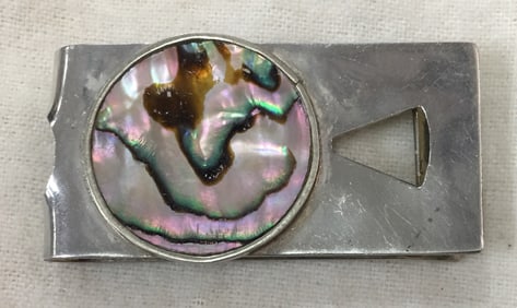 Hecho en Mexico Sterling Silver Round Abalone Inlay Money Clip