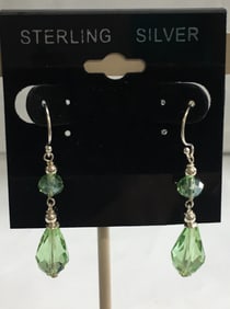 Elegant Sterling Silver and Dimond Cut Green Crystals Dangling Earrings 1.5"