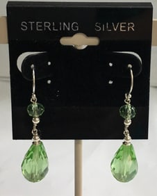 Elegant Sterling Silver and Dimond Cut Green Crystals Dangling Earrings 1 5/8"