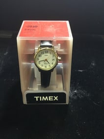 Vintage Classic Ladies TIMEX Classic Gold Tone Black Leather Indiglo Watch, Date