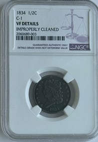 1834 1/2c Classic Head Half Cent C-1 NGC VF Details Improperly Cleaned