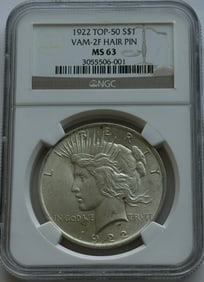 1922-P $1 TOP-50 Silver Peace Dollar NGC MS63 VAM-2F Hair Pin