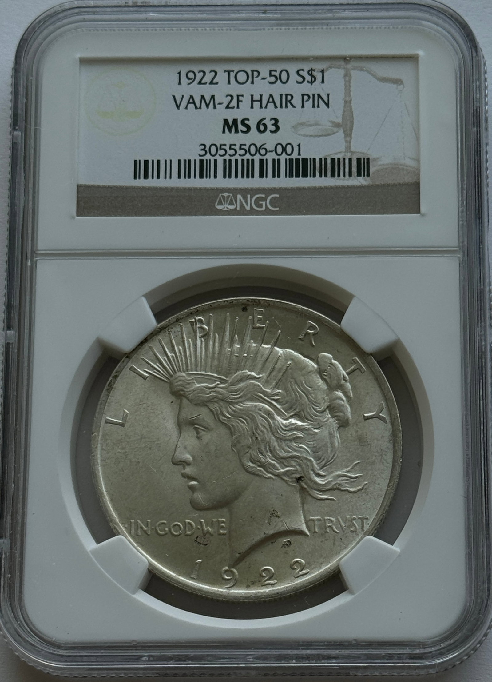 1922-P $1 TOP-50 Silver Peace Dollar NGC MS63 VAM-2F Hair Pin (1 of 2)