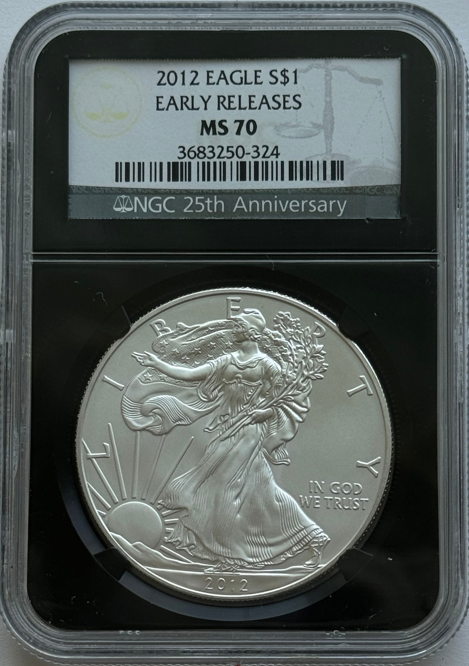 2012 $1 American Silver Eagle - NGC MS70 25th Anniversary, Early Release (1 of 2)