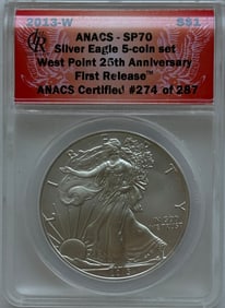 2013-W $1 American Silver Eagle - ANACS SP70 - 25th Anniversary, First Release, Part of 5-Coin Set