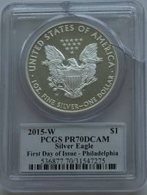 2015-W $1 American Silver Eagle - PCGS PR70 DCAM (First Day of Issue, Struck in Philadelphia, Signed