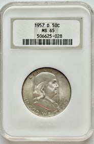 1957-D 50c Franklin Silver Half Dollar NGC MS65 Old Fatty Holder