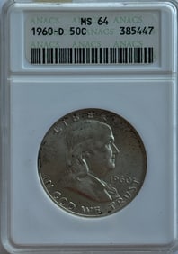 1960-D 50c Franklin Silver Half Dollar - ANACS MS64