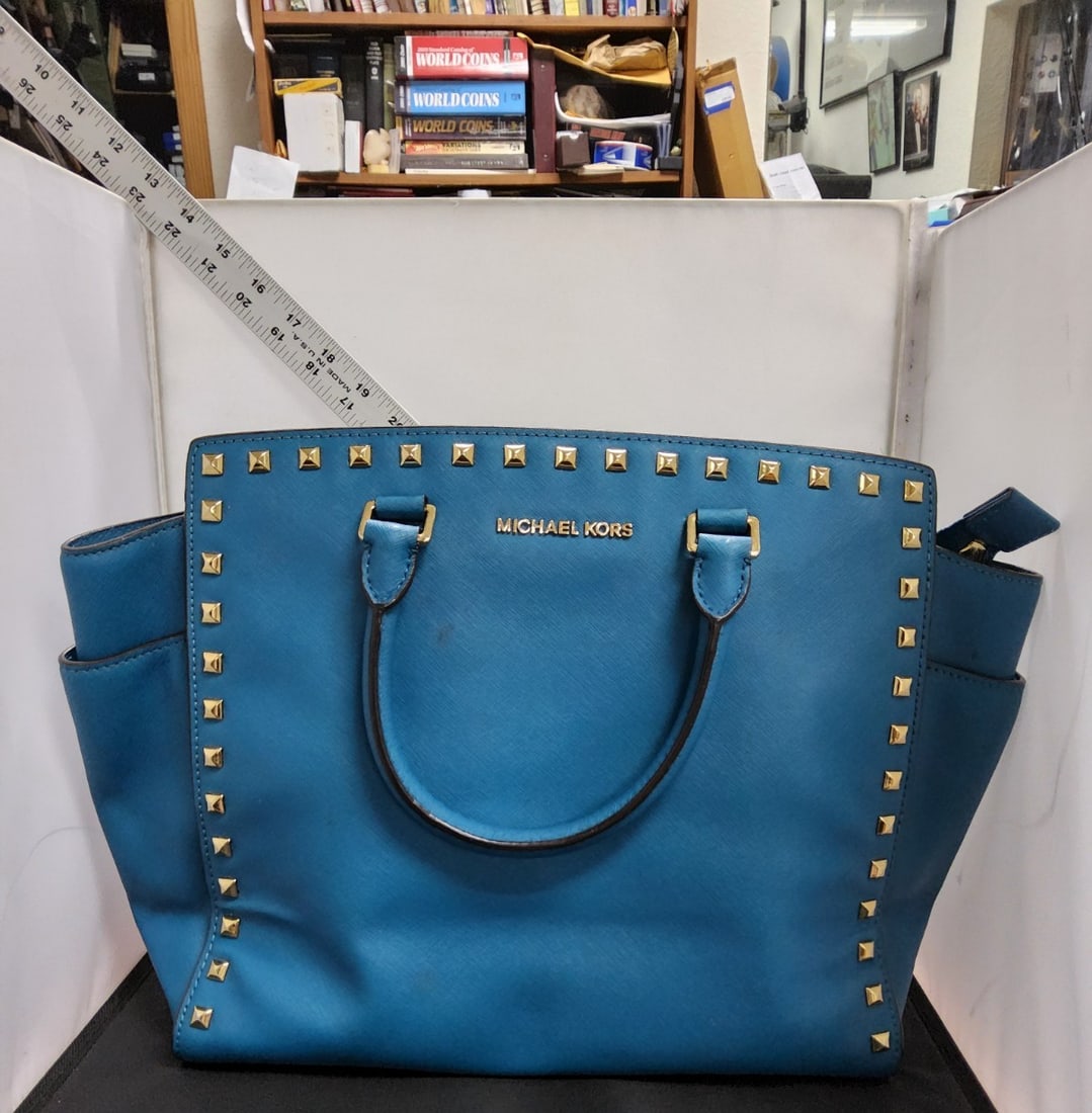 Michael Kors Large Selma Studded Satchel Bag In Blue Saffiano Leather. (1 of 6)