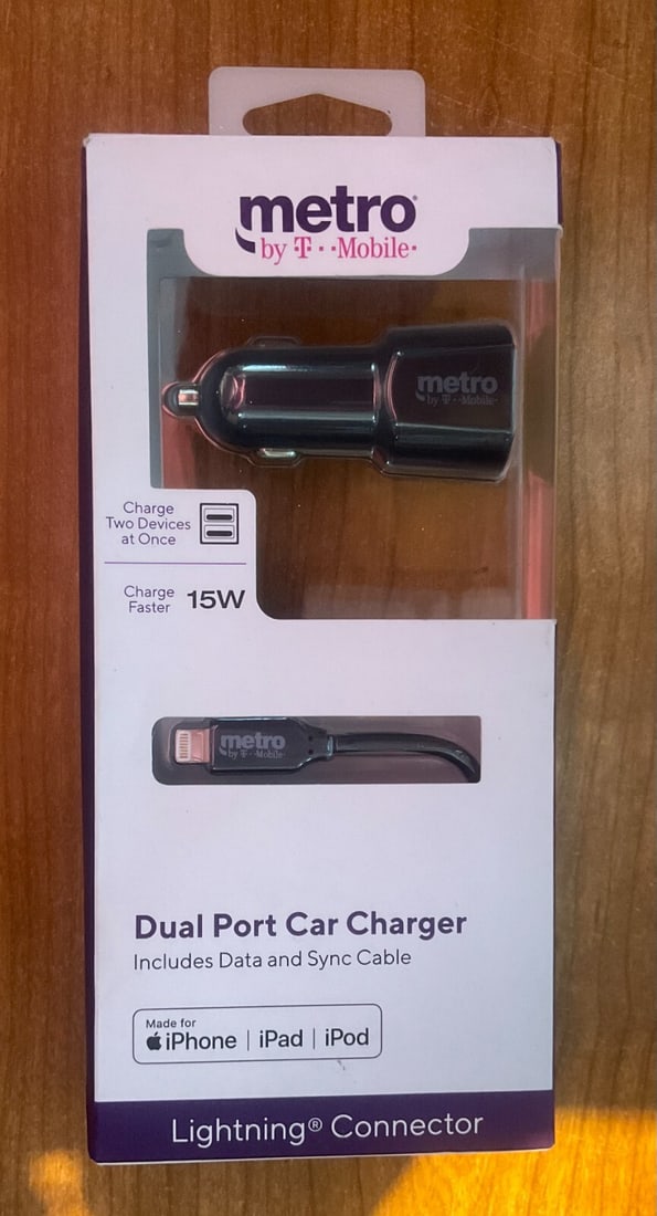 Metro By Tmobile Dual Port Car Charger w/Data and Sync Cable Connector: This Metro by T-Mobile dual port car charger comes with a data and sync cable, and connector to keep your Apple devices charged and connected while on the go. The charger is compatible with a variety