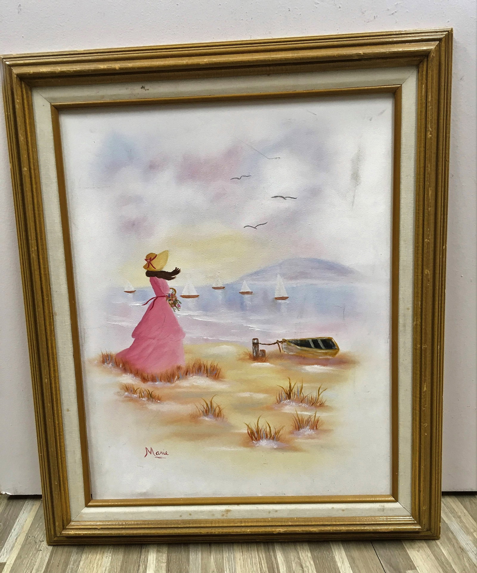 Florida Beach Scene Signed Marie Oil on Canvas Painting (1 of 3)