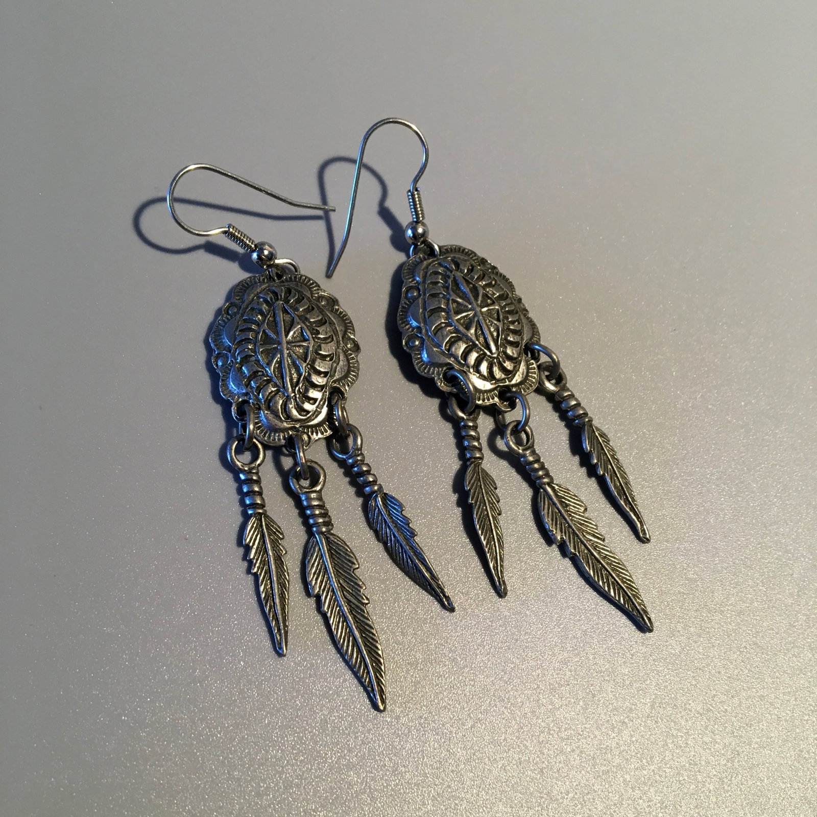 Silver Earrings with Feather Pendants: Silver Earrings with Feather Pendants, Marked RAM, Measure 2 1/2 in. Each, 8.2 dwt.