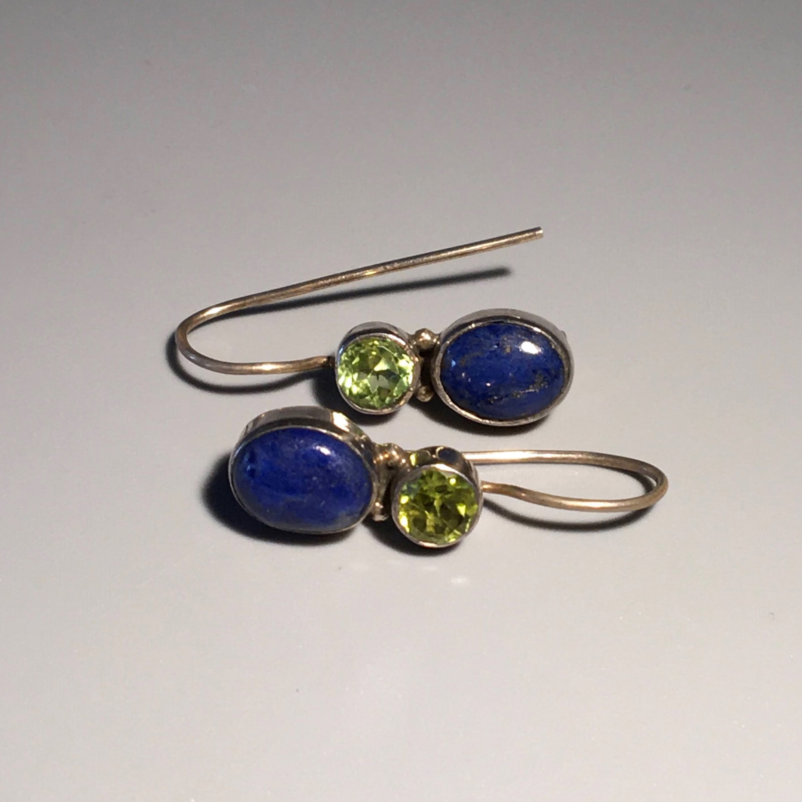 Silver Lapis & Green Stone Earrings: Silver Lapis & Green Stone Earrings, Measure 1 in. Each, 2.1 dwt.