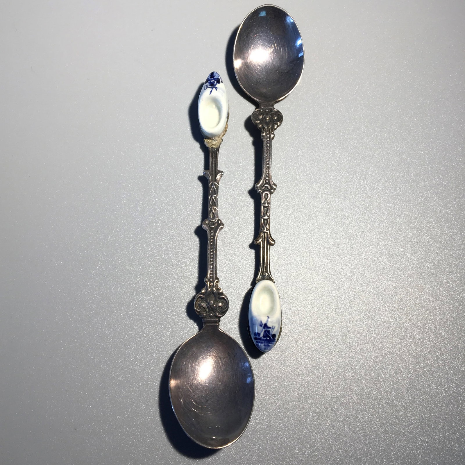 Set of Two Silver Dutch Shoe Spoons: Set of Two Silver and Ceramic Dutch Shoe Spoons, Marked Curacao 90, Measure 4 1/4 in. Each, 12.7 dwt.