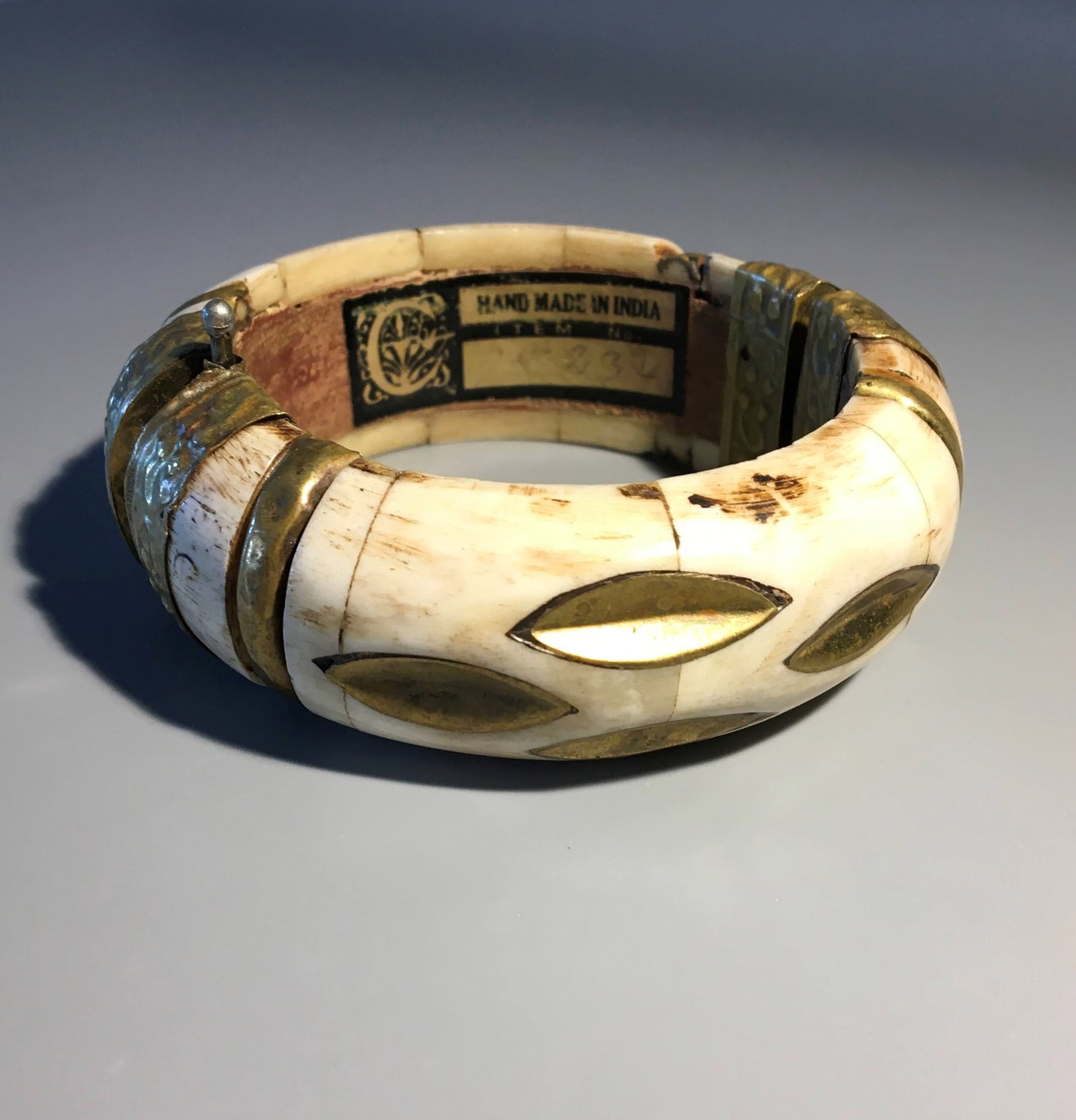 Indian Bracelet of Bone, Brass & Wood: Indian Bracelet of Bone, Brass & Wood, Labeled Hand Made in India, Measures 3 1/2 in. Diameter