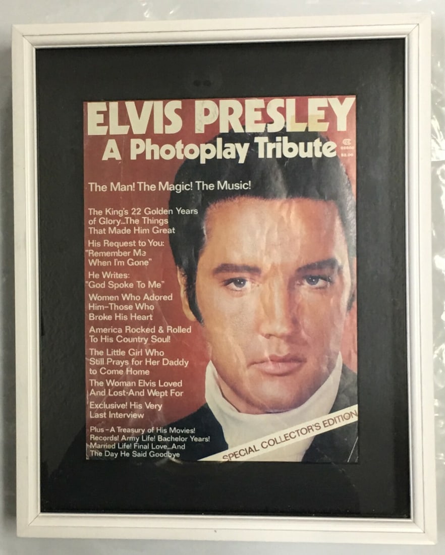 Elvis Presley A Photoplay Tribute Framed Magazine 11 6/8" x 14 6/8" x 2 5/8": This magazine is in very good condition with sign of wear like few scratches, some writing, and yellow spot on the cover. There are a few light scuffs and one dot on the frame which are not even visib