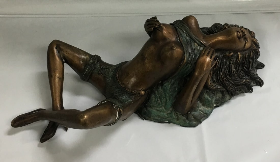 Vintage Bronze Nude Female Sexy Naked Dancer Girl Figurine 10.5" Long: This figurine is in a good condition with sign of wear like one small crack in the chest and light scratches as shown in the photos. It has an older, unpolished patina and should polish nicely. It mea