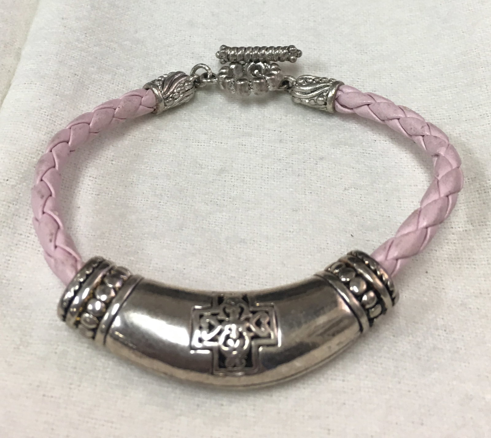 Vintage Braded Leather and Silver Tone Sliding Charm Bracelet 6.75": This bracelet is in excellent condition with little signs of wear seen. It is about 7.5" long and 15 mm wide at the widest point. Please, review pictures for condition and details.