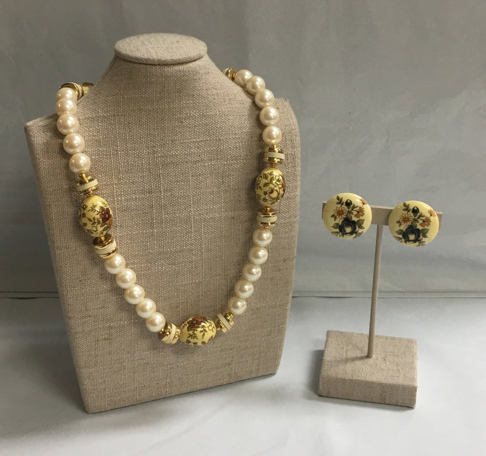 Japan Faux Pearl Necklace w/ Painted Floral Beads and Matching Stud Earrings: These necklace and earrings are in excellent condition without any visible flaws. The necklace it is about 29" long and 5/8" wide at the widest point. It is marked Japan. These earrings are about 24 m