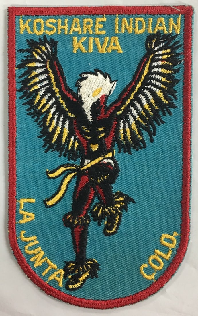 Koshare Indian. Kiva, La Junta, Colo. Embroidered Patch: This patch is in excellent, like new condition. It measures about 3" wide and 4 7/8" high. This would be a great addition to your collection! Please, review pictures for additional details.