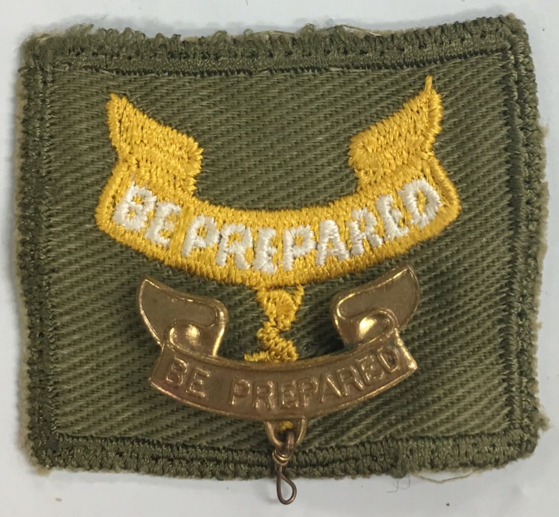 Boy Scouts Be Prepared Embroidered Patch with Badge Pin: These patch and badge pin are in excellent, like new condition. The patch measures about 2" wide and 1 6/8" high. This would be a great addition to your collection! Please, review pictures for