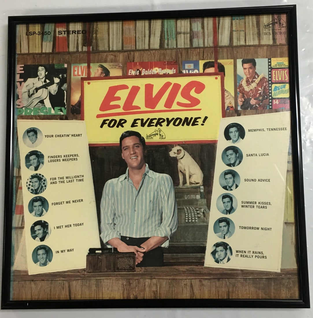 Elvis Presley: For Everyone! RCA Victor Record LSP-3450 (1965) in Frame: This record is in excellent condition with signs of wear like few light scratches. The sleeve has almost invisible shelf scuffs on both sides of the sleeve. Because of age to protect the edges, there 