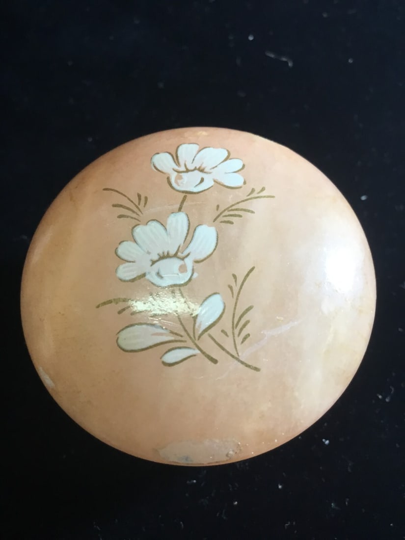 Vintage Beautiful Floral Alabaster Jar/Jewelry & Trinket Box: This is a vintage, hand-painted, round-shaped jar made of pink alabaster stone from Italy. It features a beautiful floral pattern and can be used as a jewelry or trinket box. The jar is an original It