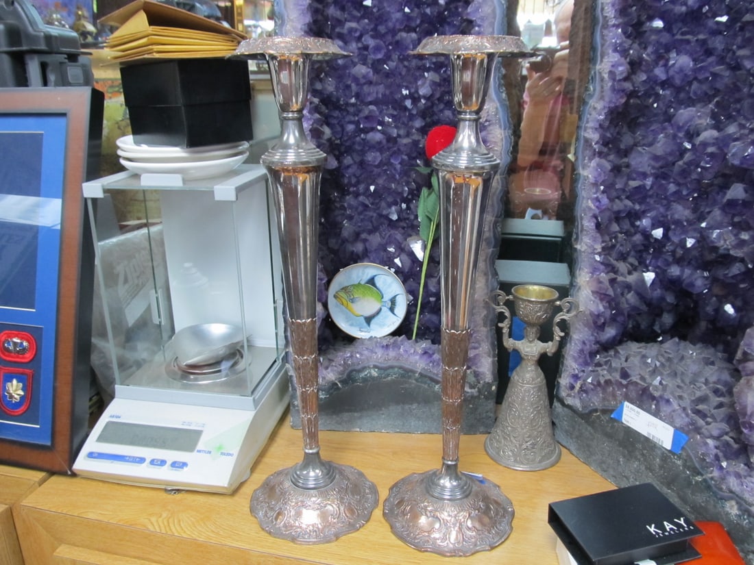SILVERPLATED VERY TALL ORNATE CANDLESTICKS 18 ?" H V GOOD COND: These nice, very tall silverplated candlesticks are in overall very good condition with some moderate wear to the plating. Possibly they are weighted, but there is no information in the stamps on the