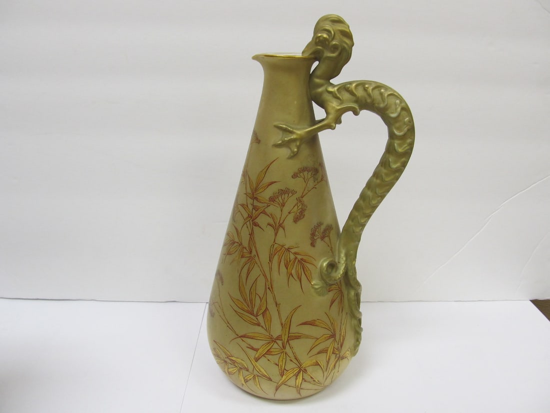 ROYAL WORCESTER DRAGON HANDLE RAISED V Rd ANTIQUE MARK 9 3/8" H XLNT COND: This choice Royal Worcester porcelain antique Patent Metallic pitcher or ewer is in overall excellent condition with no wear to the paint that was seen. It has the original, unwashed relatively clean