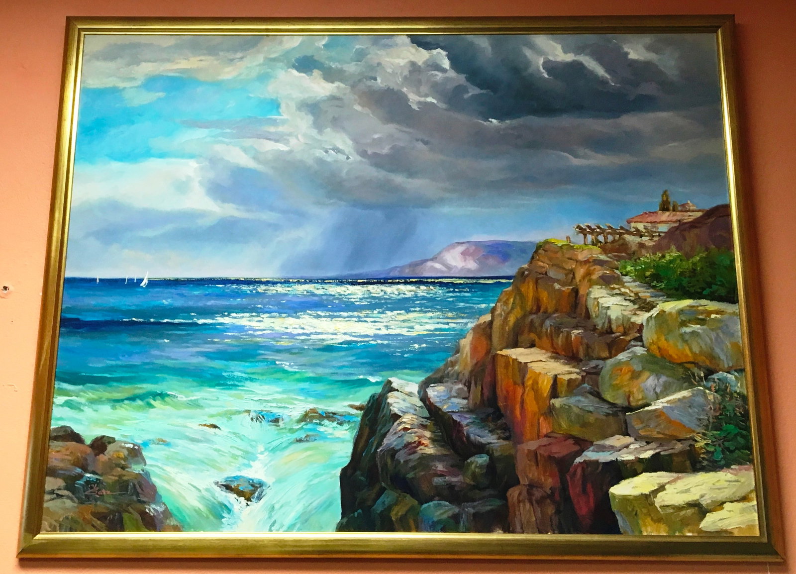 Coastal Scene Oil on Canvas Signed Latz 38 x 51 inches (1 of 3)
