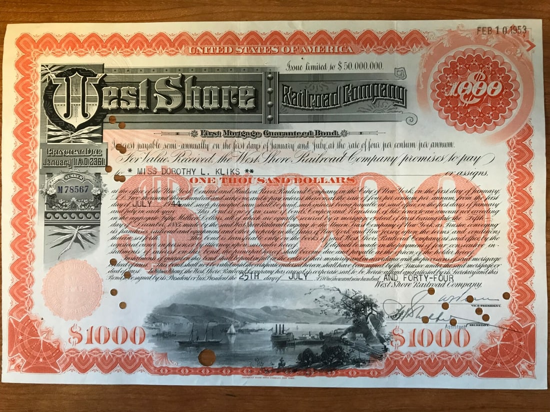 West Shore Railroad Company First Mortgage Guaranteed Bond $1000.00 1945 Issue (1 of 12)