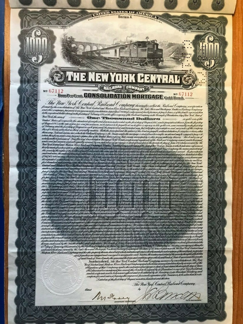 Series A NY Central Railroad Company $1000 4% Gold Bond 1914 w/ Pay Coupons (1 of 12)