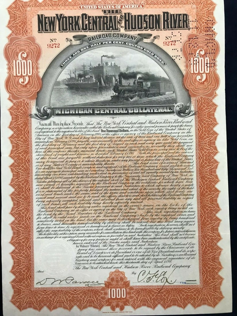 NY Central & Hudson Railway Company 3 and 1/2 % Coupon Gold Bond w/ Pay Coupons: USA New York Central and Hudson River Railroad Company Three and one half percent coupon gold bond Michigan Central Collateral $1000 Dollars 1898. With payment coupons. Rare. Please see all photos for